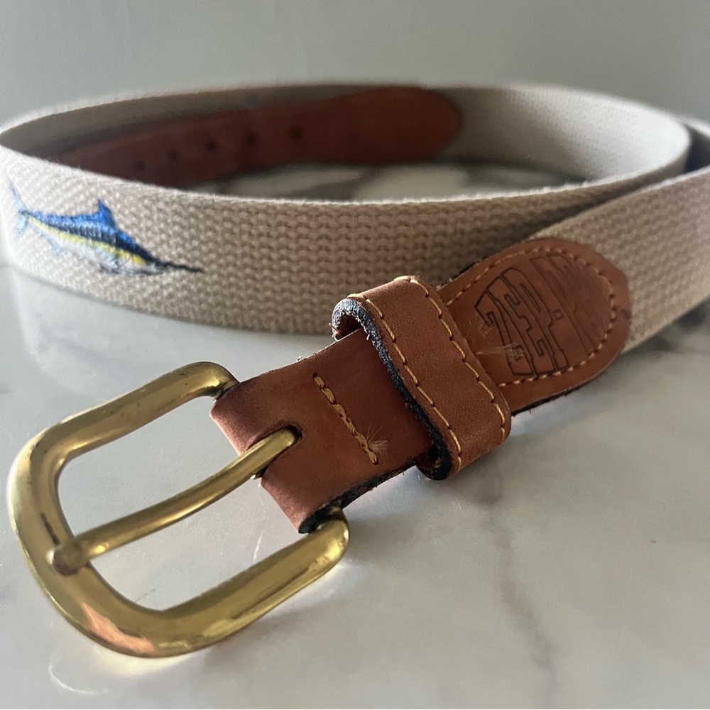 Zep Pro Canvas Belt Blue Marlin Brass Buckle. Leather details. Size: 42 Coastal